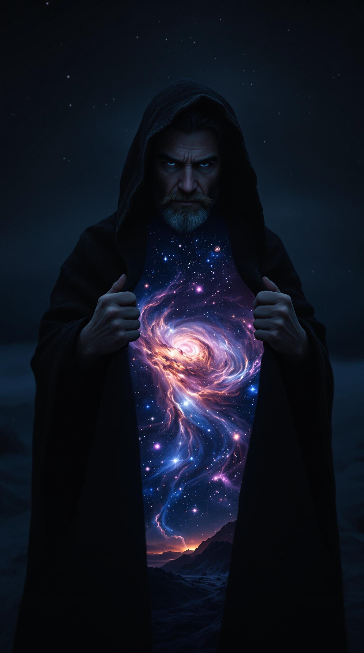 Hyperrealistic Cosmic Fantasy with Dark Landscape and Starry...