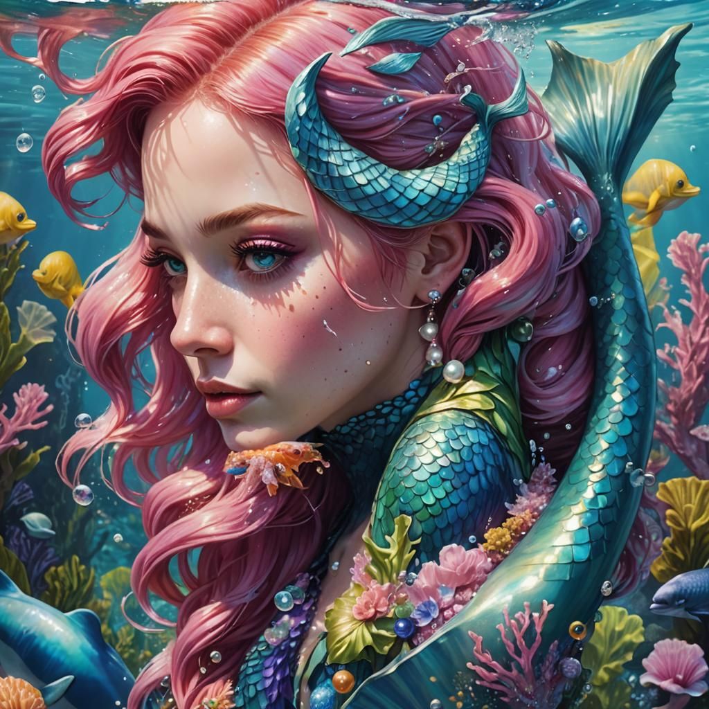 Mermaid Girl with Dolphin in Colorful Algae