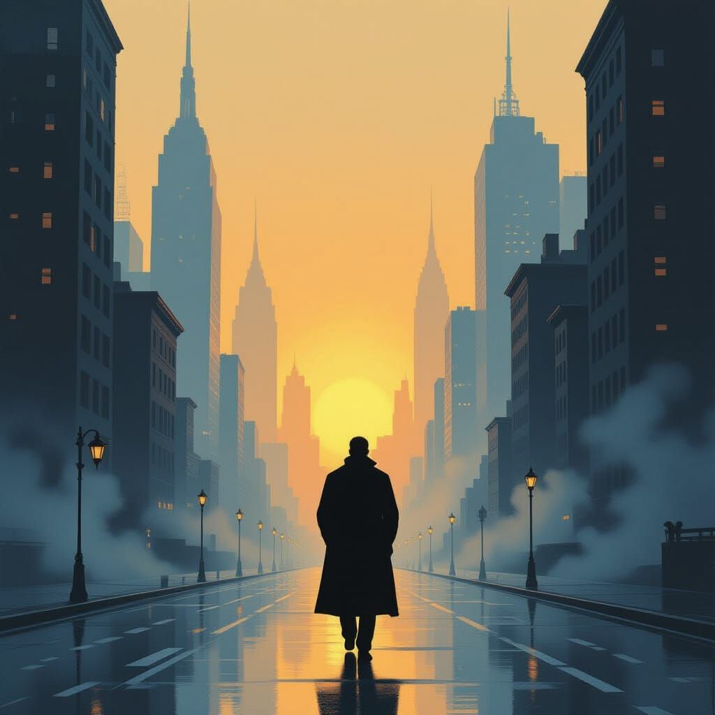 Futuristic Noir Figure at Dusk in Golden Light