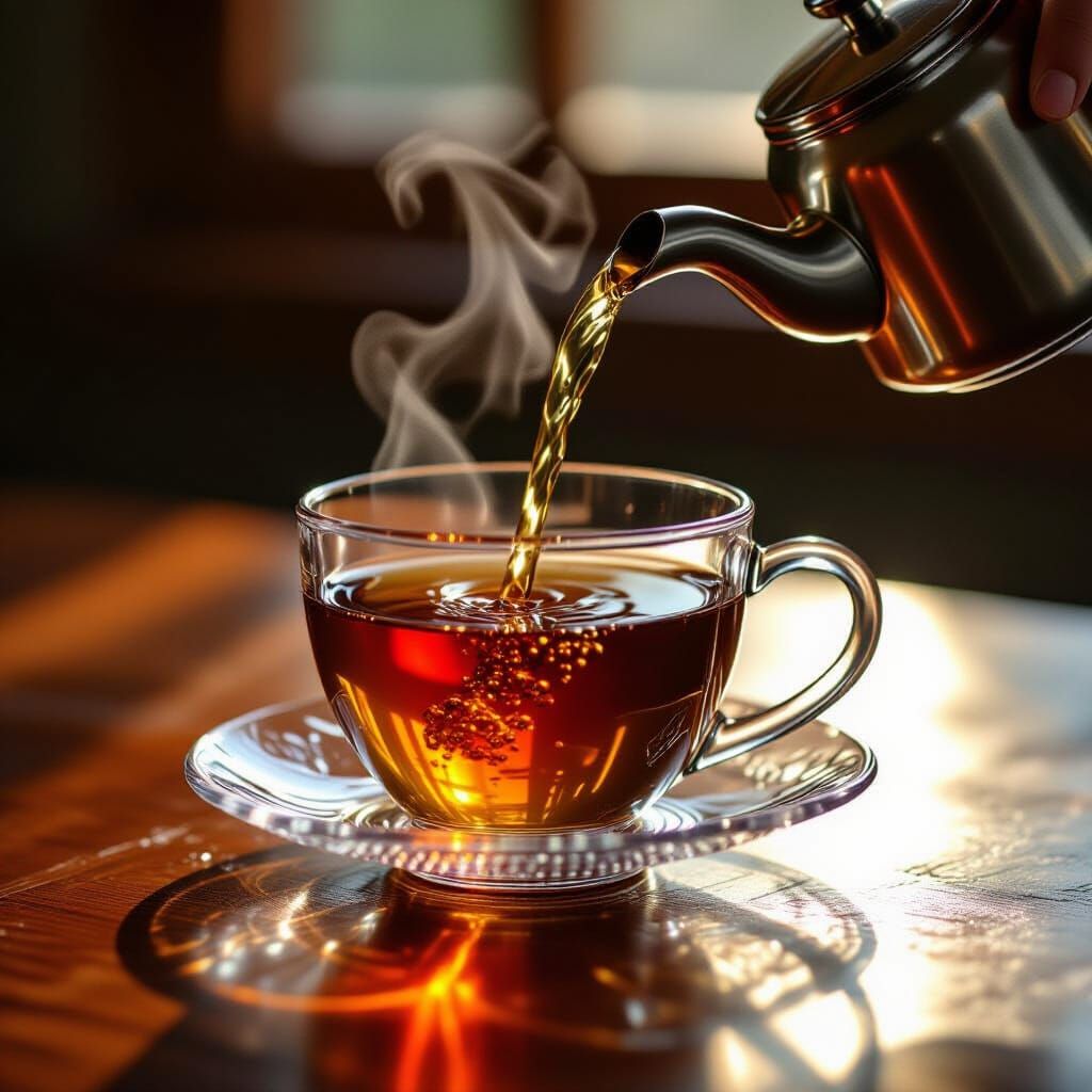 Steaming Tea Poured Into Crystal Cup: Photorealistic Still L...