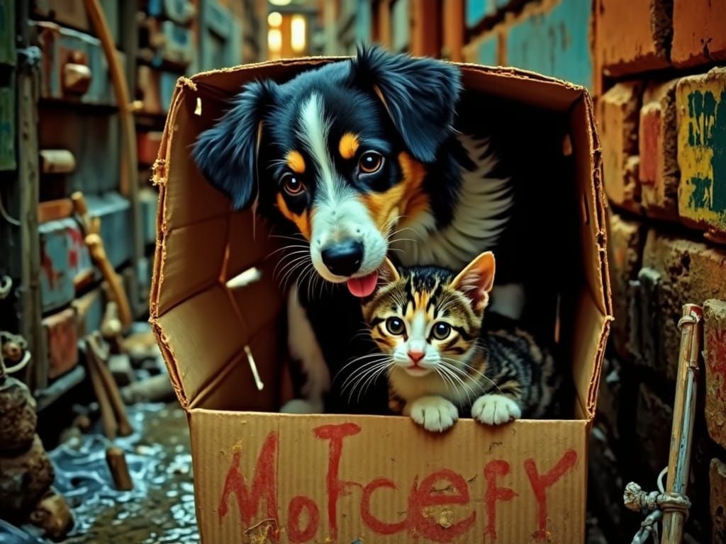 Motherly Border Collie Cares for Kitten in Alley