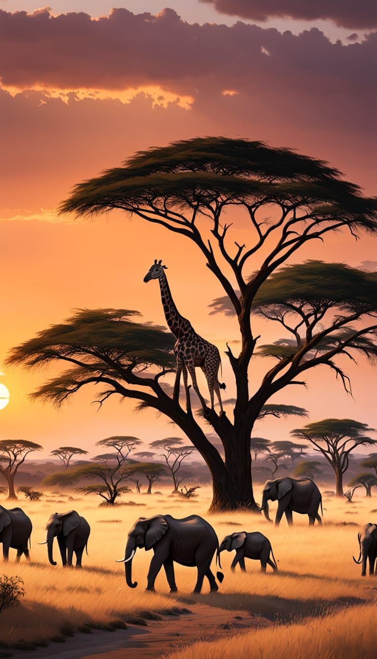 Majestic Serengeti Sunset with Giraffes and Elephants