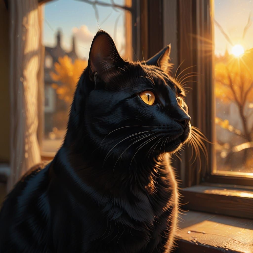 Black Cat Gazing Out Window in Digital Painting