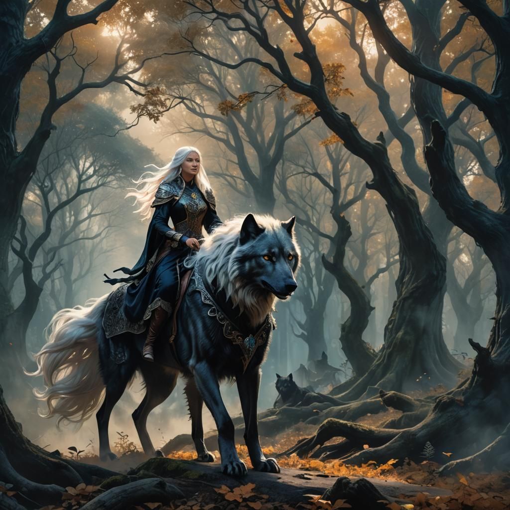 Woman Rides Armored Wolf in Misty Forest