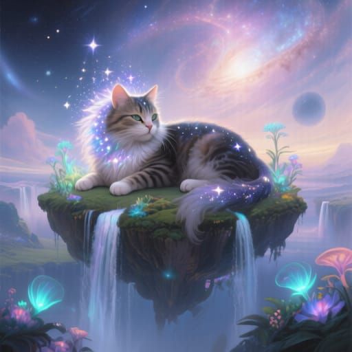 Celestial Cat Lounging on Floating Bioluminescent Island