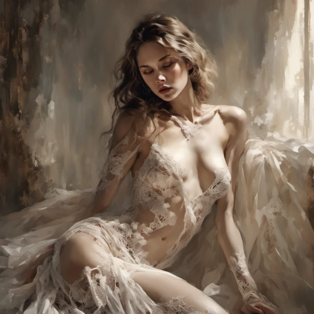 Elegant Woman in Lace Stockings: Dark Fantasy Realism