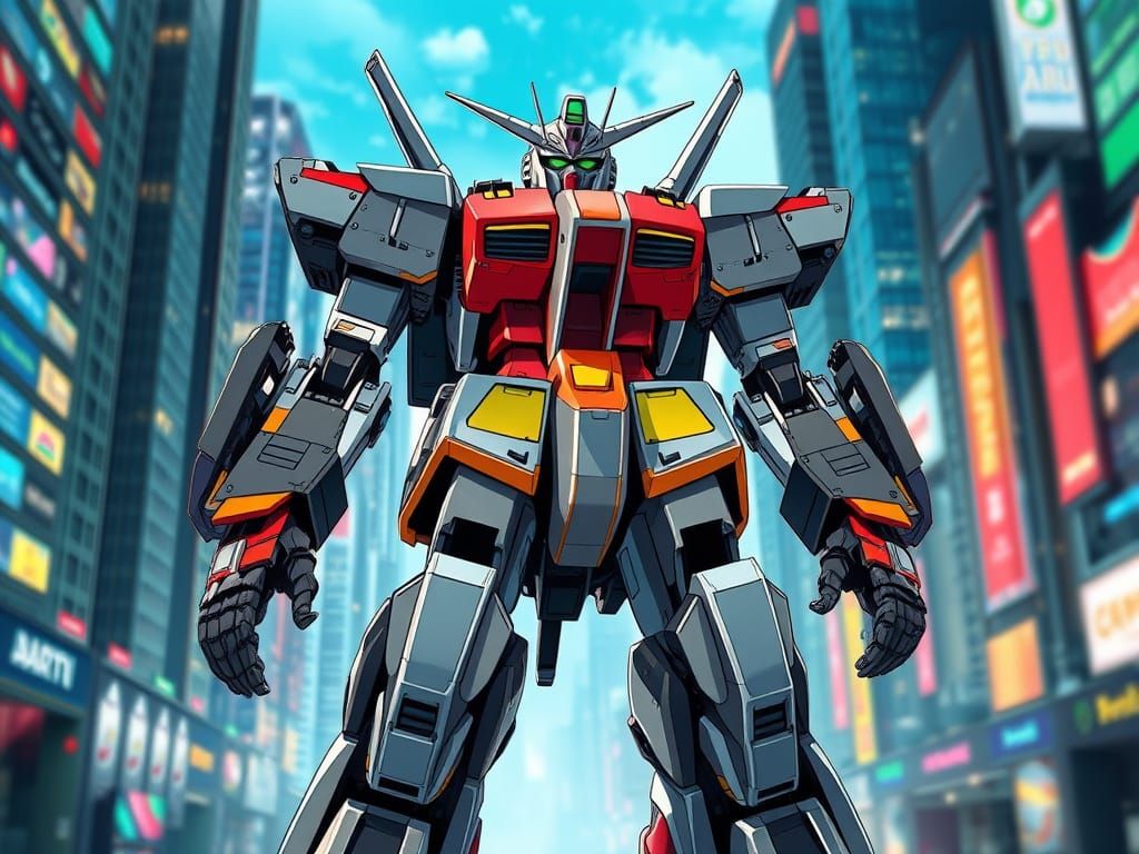 Anime-Style Mech Standing Vigilant in a Bustling Metropolis