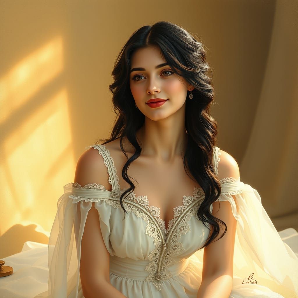 Romantic Portrait of a Young Woman in Elegant White Gown