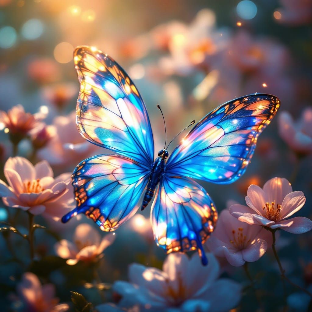 Ethereal Butterfly Among Vibrant Iridescent Friends in Dream...