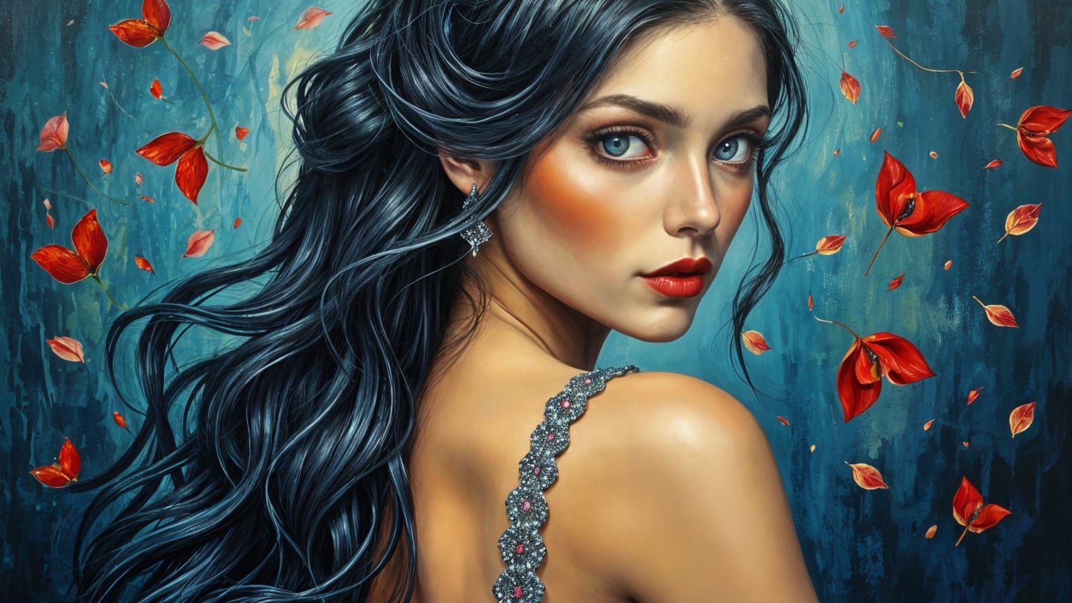 Enigmatic Lady in Evening Gown: Neo-Impressionist Portrait