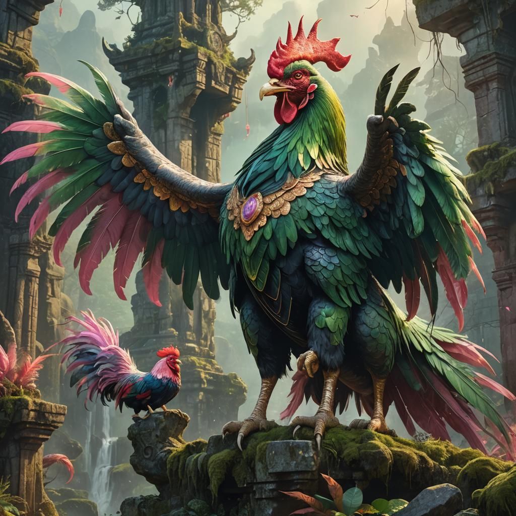 Rooster-Elephant Fusion on Mossy Ruins