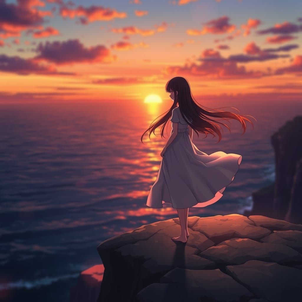 Anime Girl Overlooking Ocean Sunset in Anime Film Style