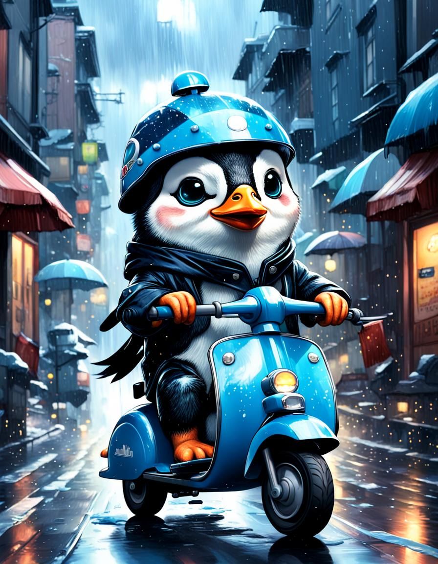 Chibi Penguin on Scooter in Rain, Digital Illustration