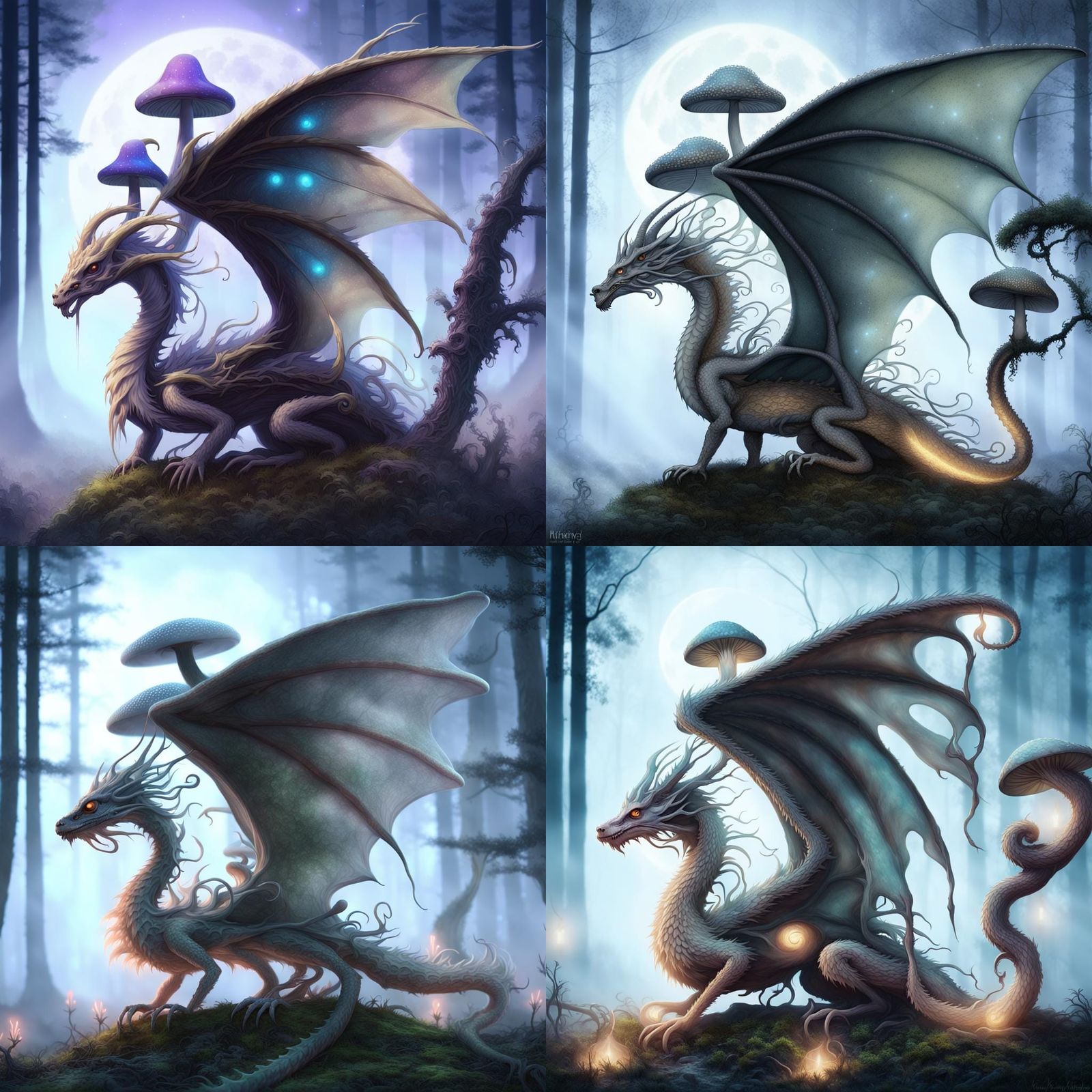 Mushroom Dragon in Misty Moonlit Forest