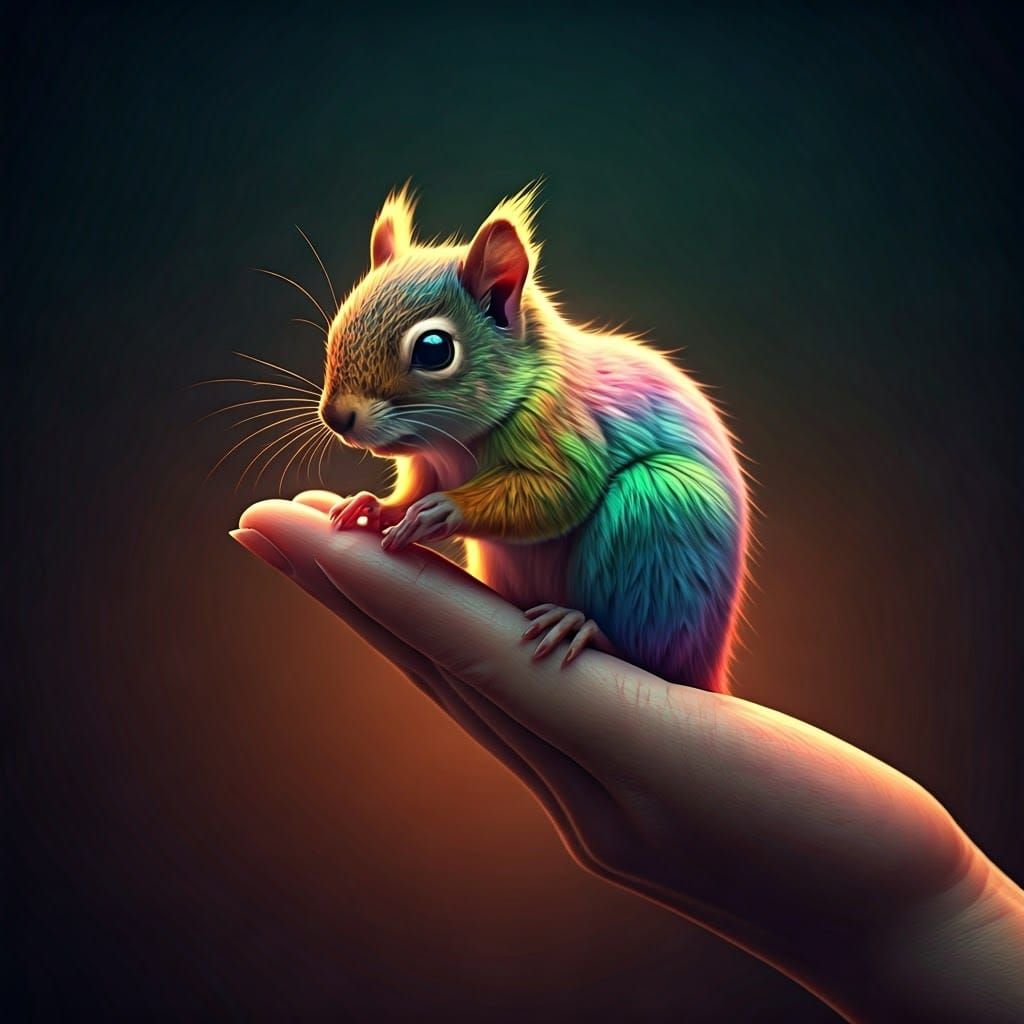 Rainbow Squirrel on Finger with Origami, Digital Painting