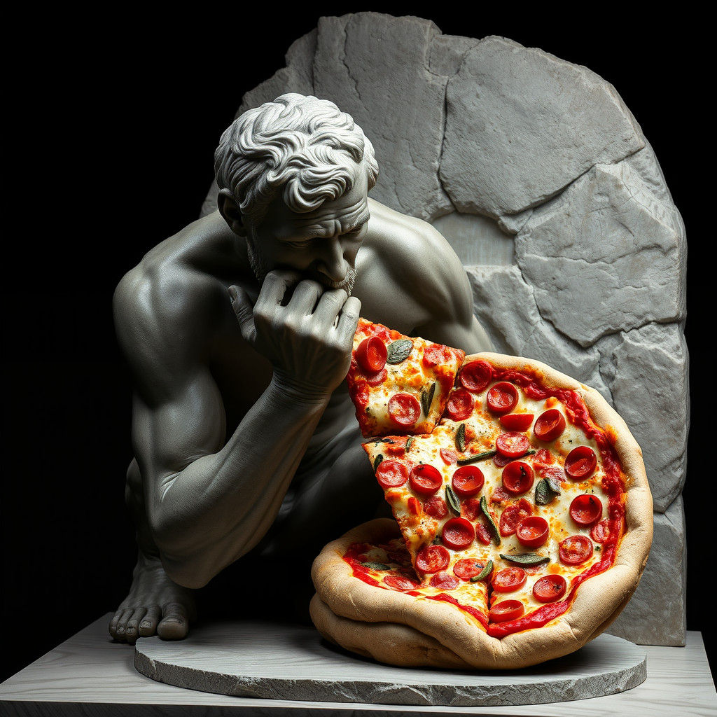 The Thinker Sculpture Eating Pizza: 3D Render