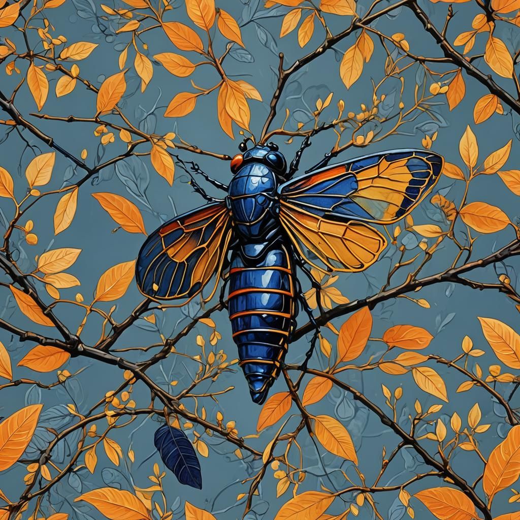 Abstract Cicada on Branch in Complementary Colors