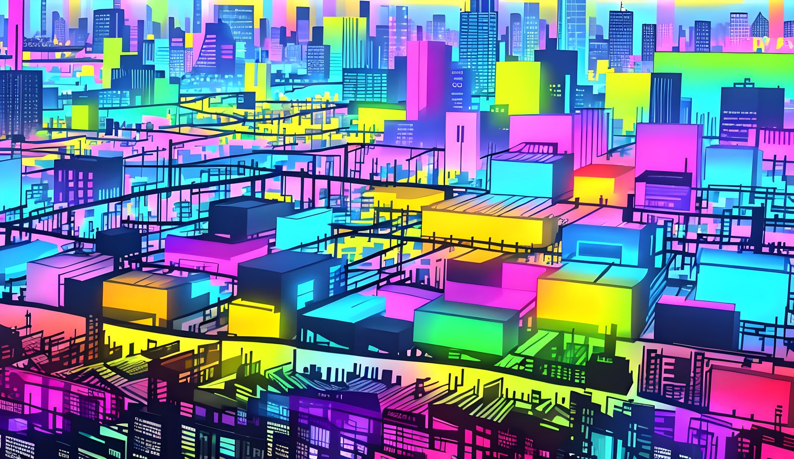 Futuristic Pixel Art Cityscape with Rainbows