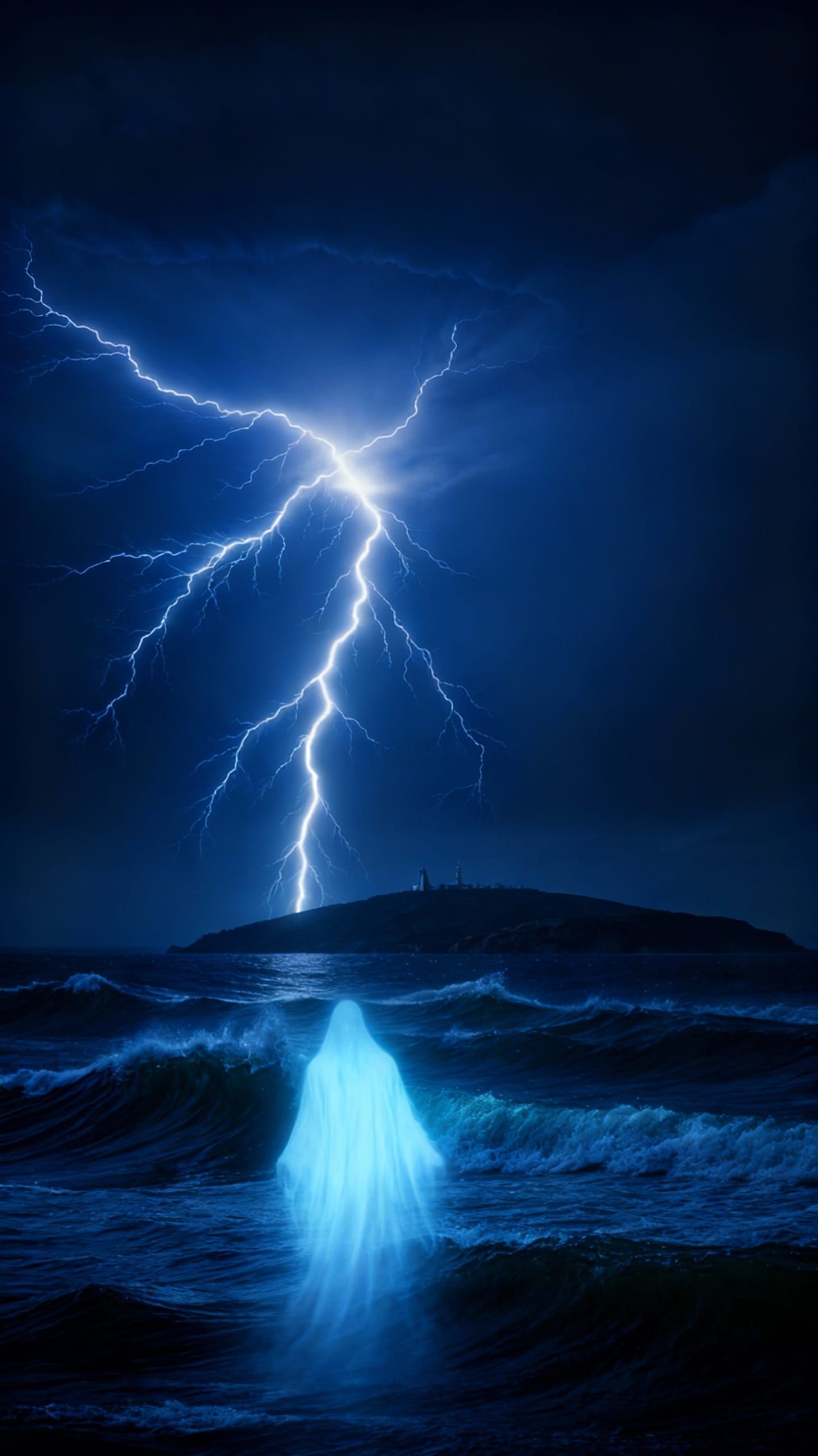 Dramatic Ocean Storm with Misty Island, Cinematic Film Still