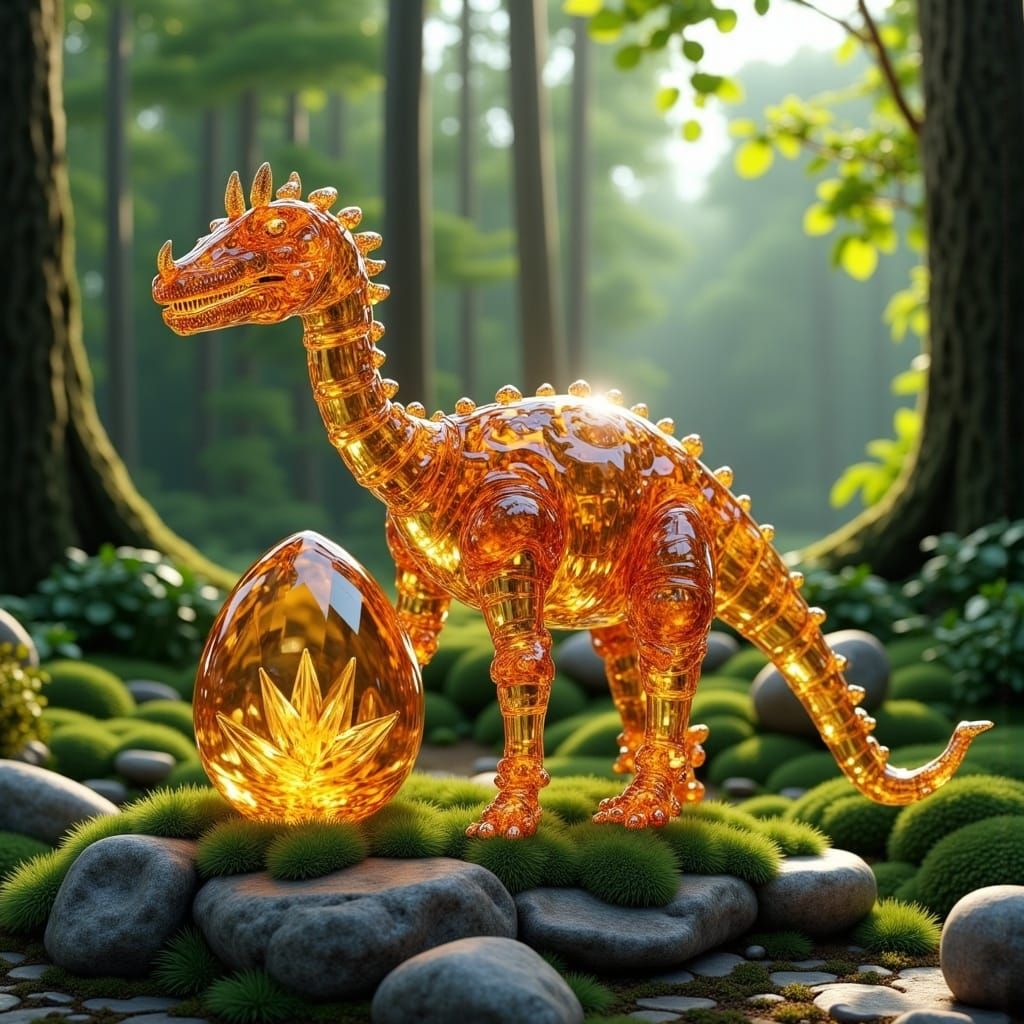 Glass Dinosaur Sculpture in Forest, 3D Rendered