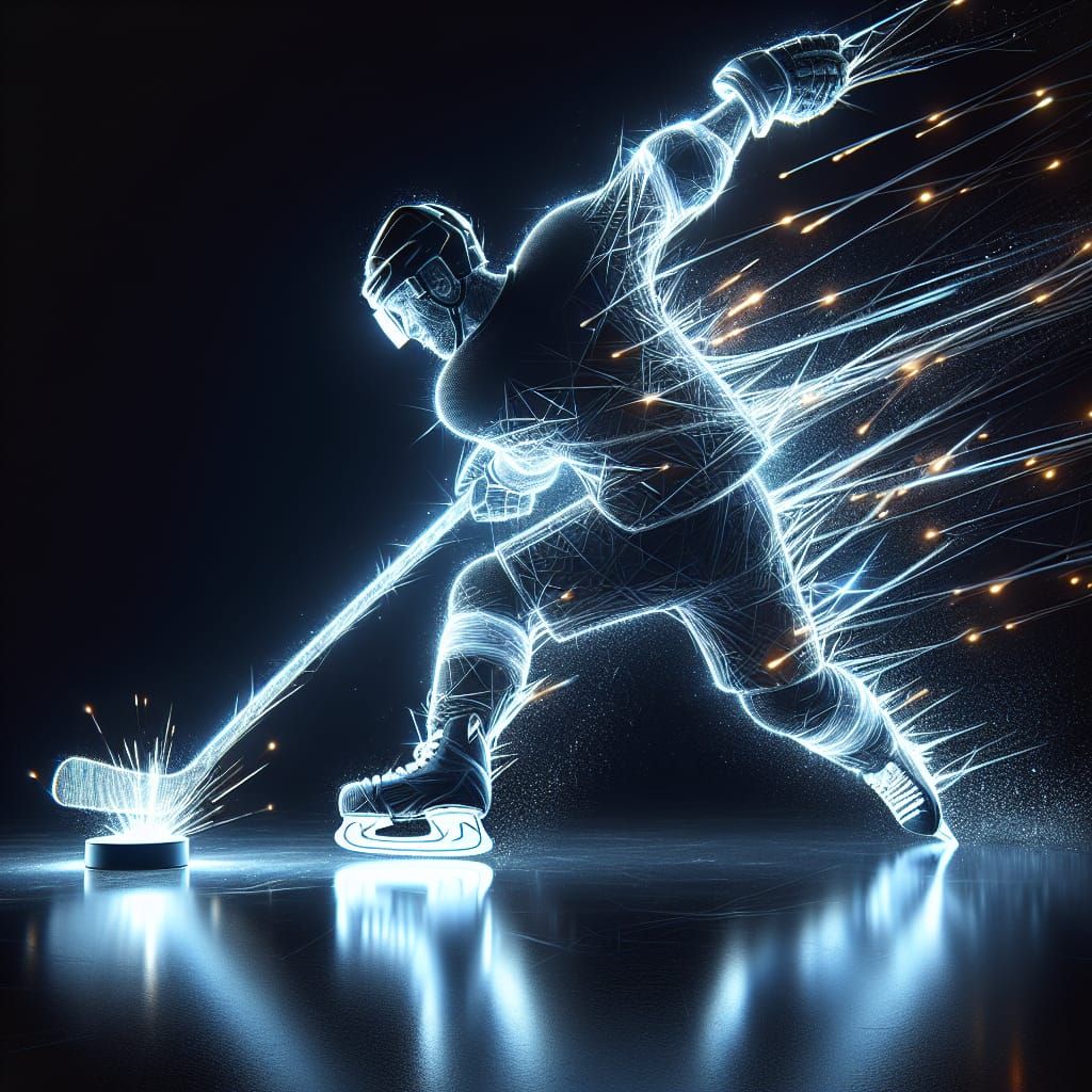 Illuminated Hockey Player Strikes Puck on Black