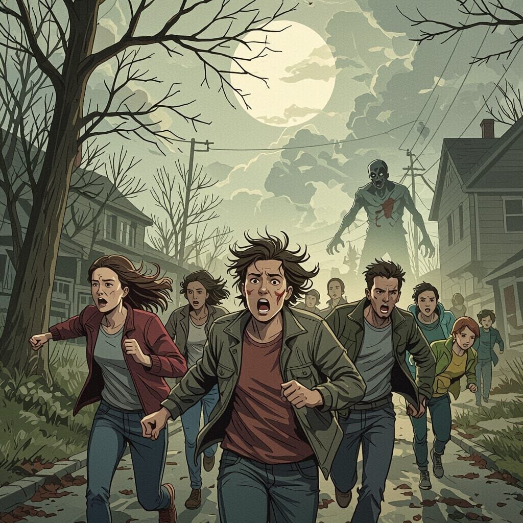 Panic and Pursuit: People Fleeing Ominous Zombie