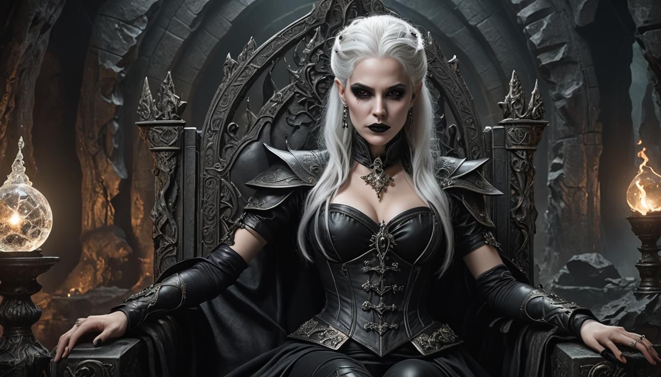 Eerie Pale Sorceress in Cave, Hyperrealistic Digital Art