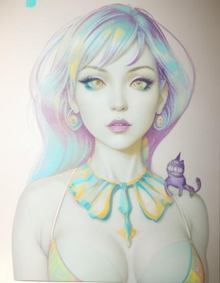 Woman with Cheshire Cat in Hanna-Barbera Comic Style