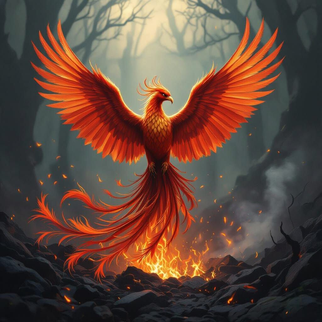 Majestic Phoenix Rises from Smoldering Forest in Fantasy Art...