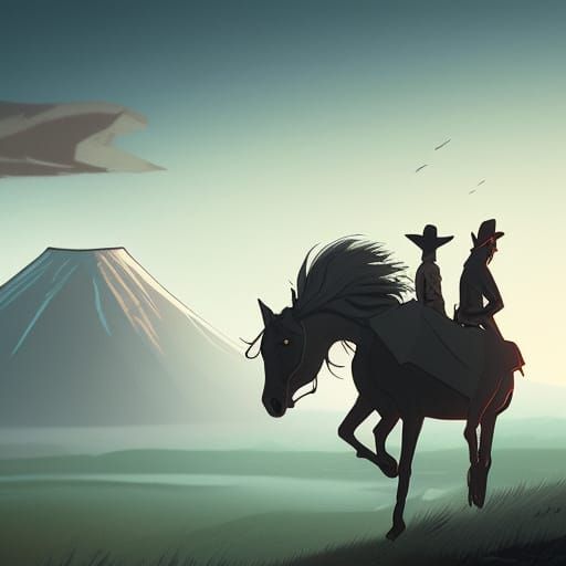 Horse Rider in Moonlight with Volcano Eruption