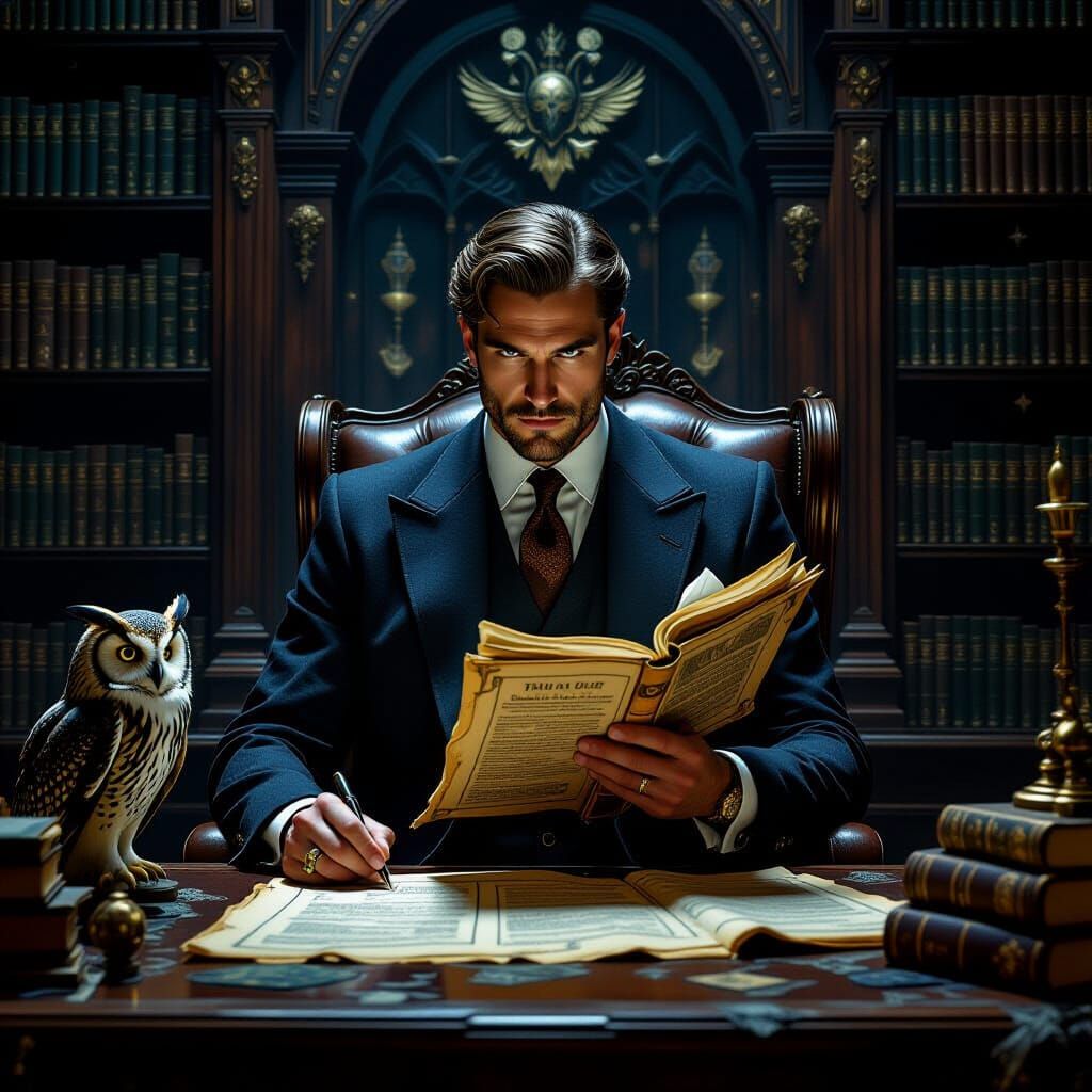 Gothic Lawyer Reviewing Ancient Scrolls