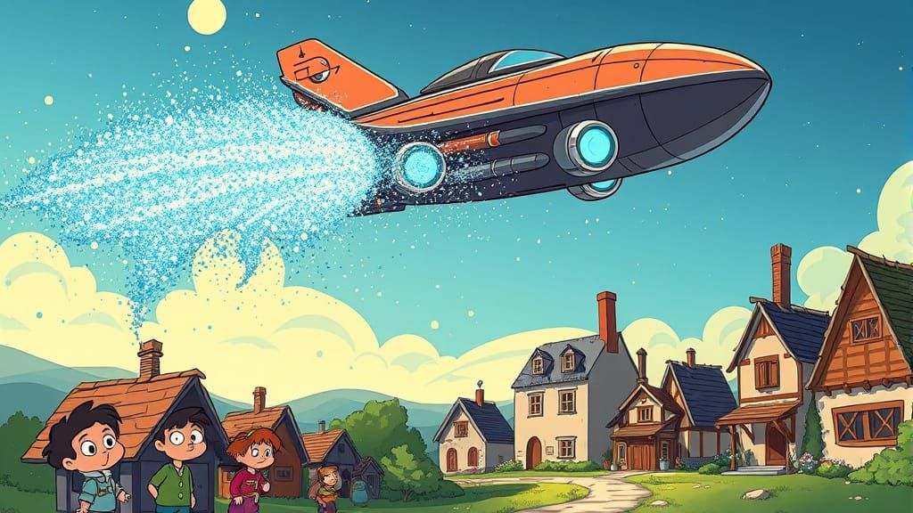 Retro Spaceship Sneezes Glitter, Tumbles Towards Village
