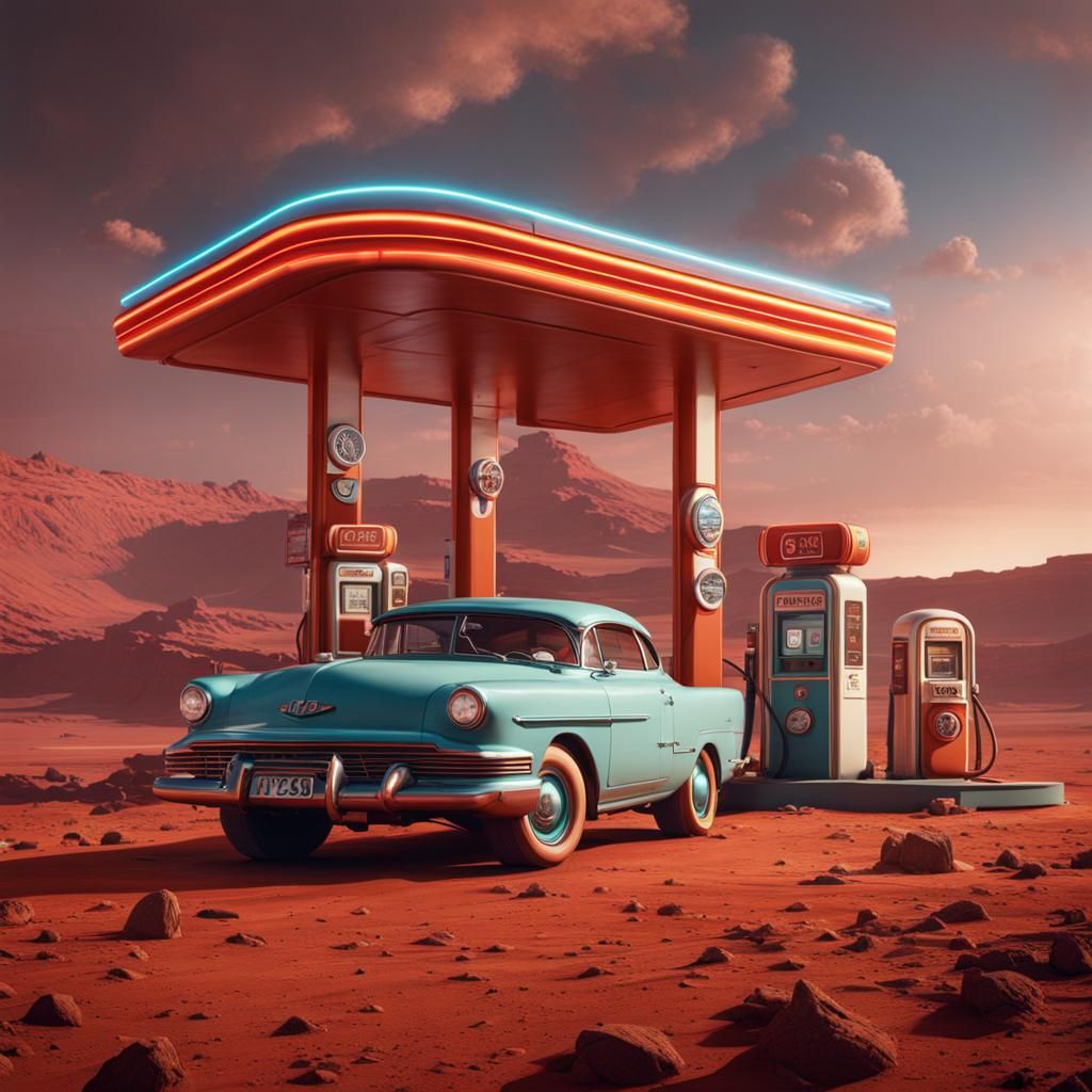 Retro Gas Station on Mars: Detailed Matte Painting
