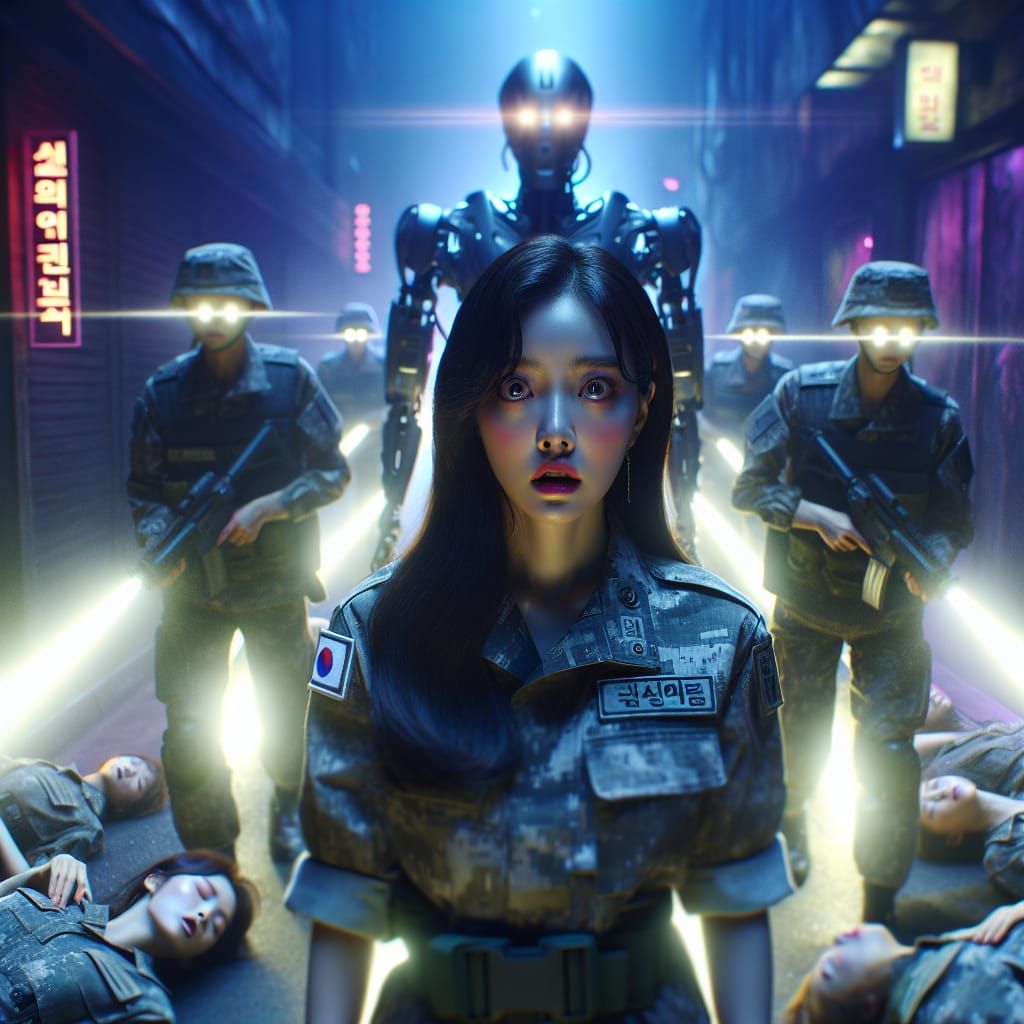 Futuristic Robot Mesmerizes Soldier in Atmospheric Cityscape