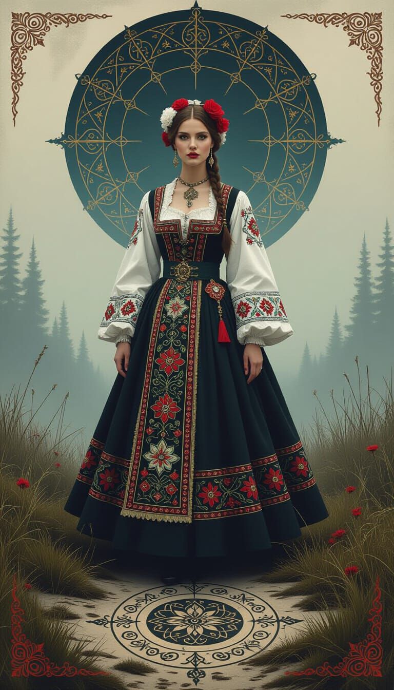 Polish Woman in Folk Costume with Occult Symbols