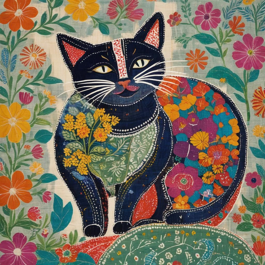 Kantha Style Cat Image