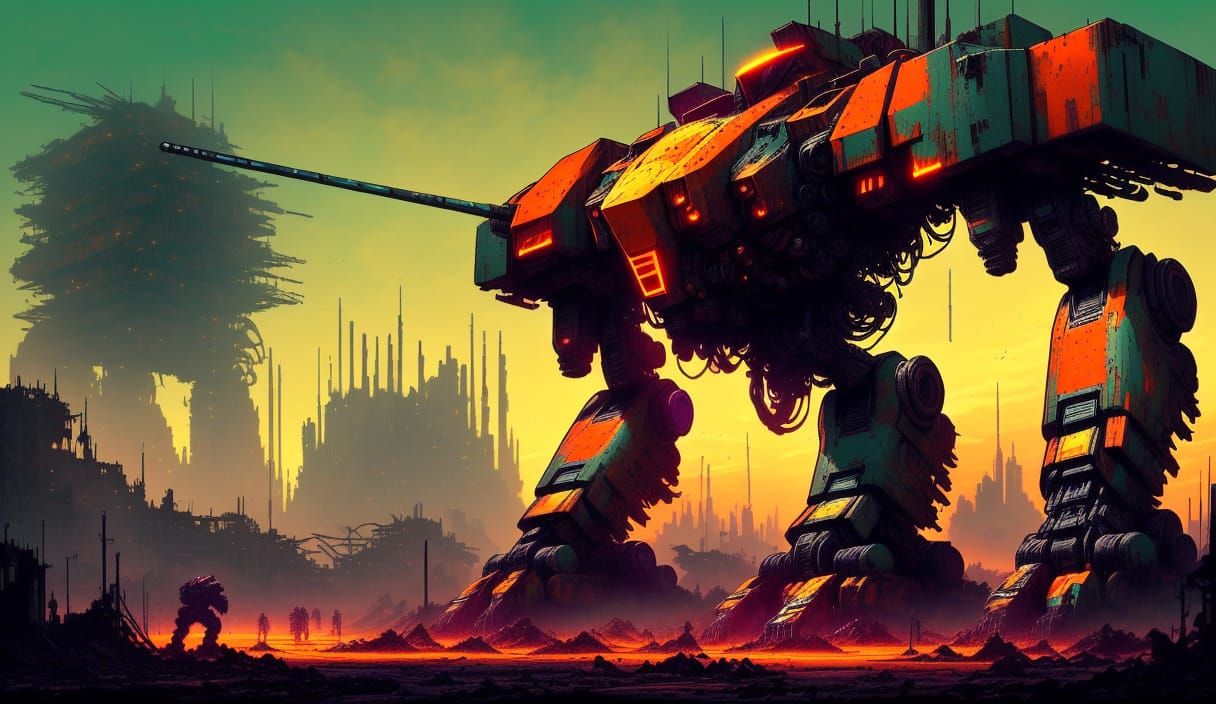 Industrial Sci-Fi Mecha in Ruins, Post-Apocalyptic Wasteland