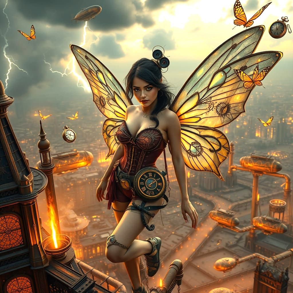 Steampunk Fairy Overlooking Metropolis