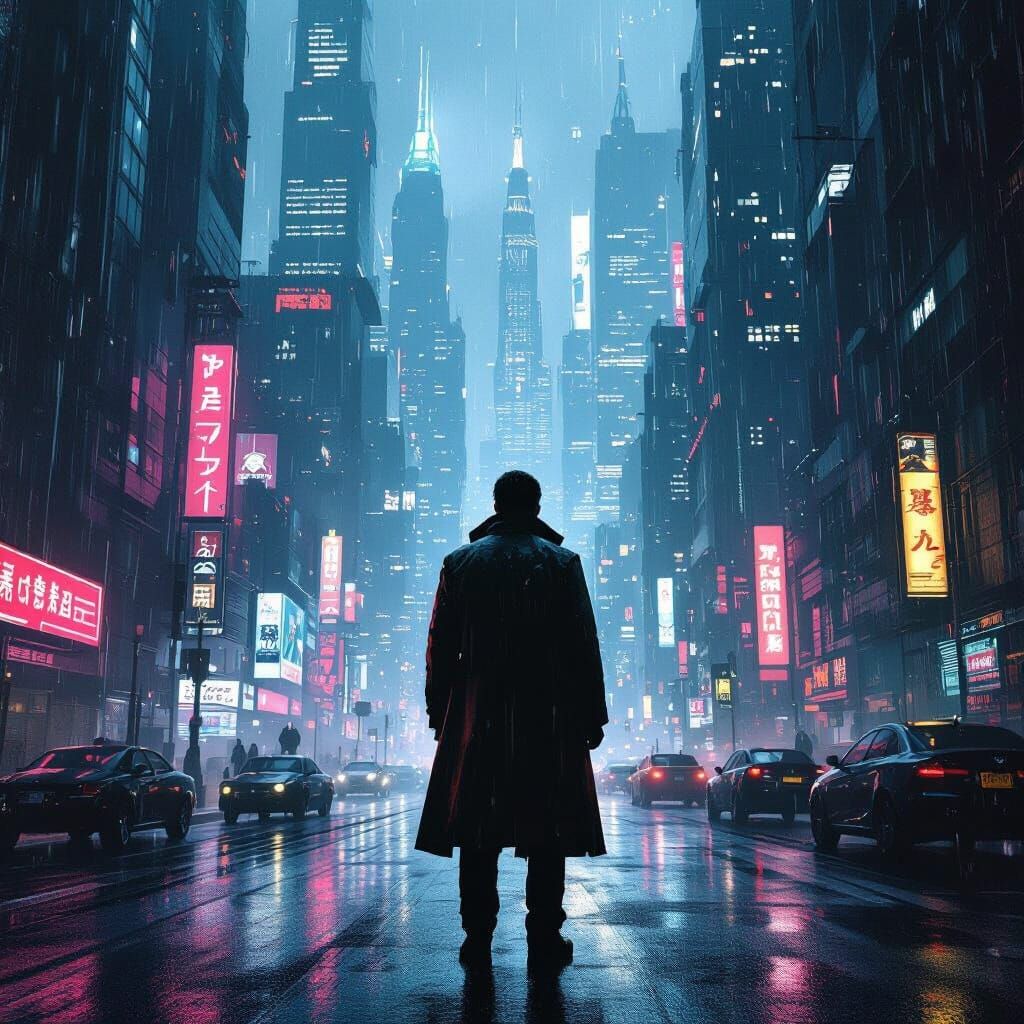 Blade Runner Poster: Cyberpunk Figure in Neon City