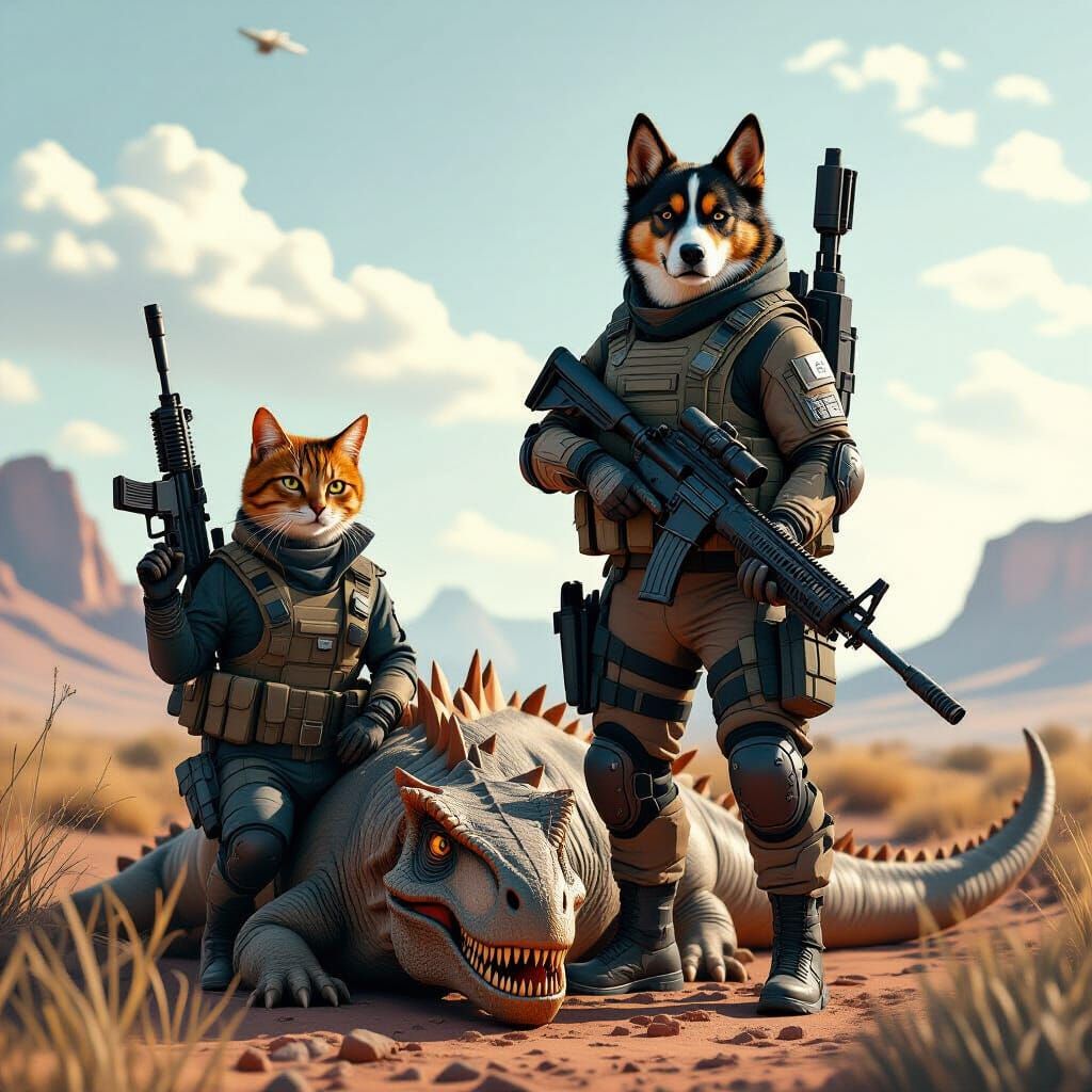 Dog and Cat Battle Dinosaur with Modern Guns