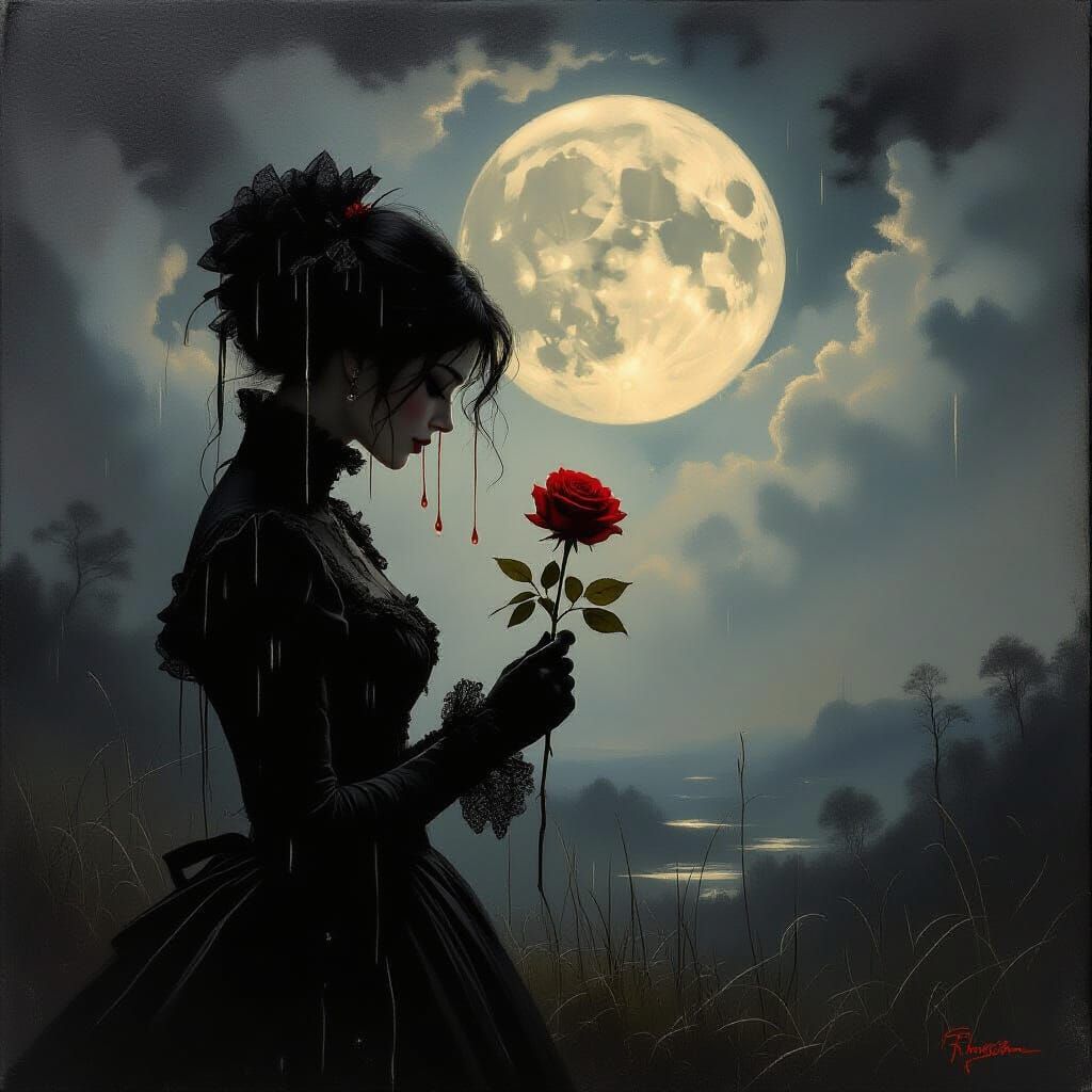 Gothic Figure in Moonlight, Expressive Oil Painting