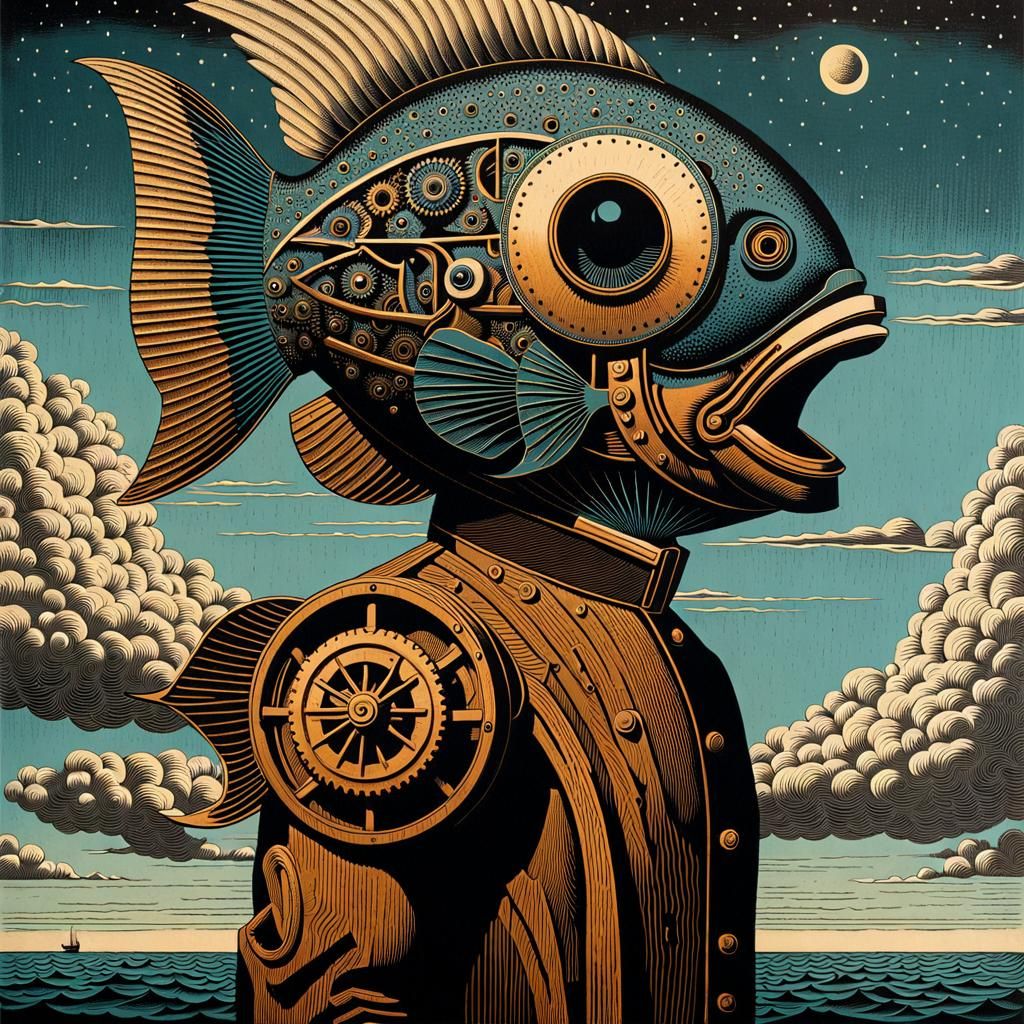 Mechanical Fish-Man: Etched Woodcut Print in Dark Fantasy St...