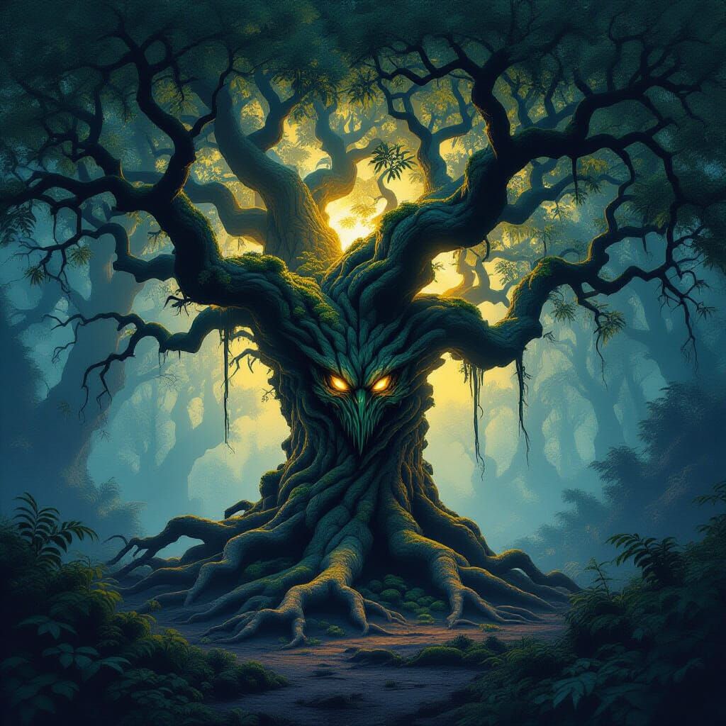 Camouflaged Forest Monster in Eerie Twilight