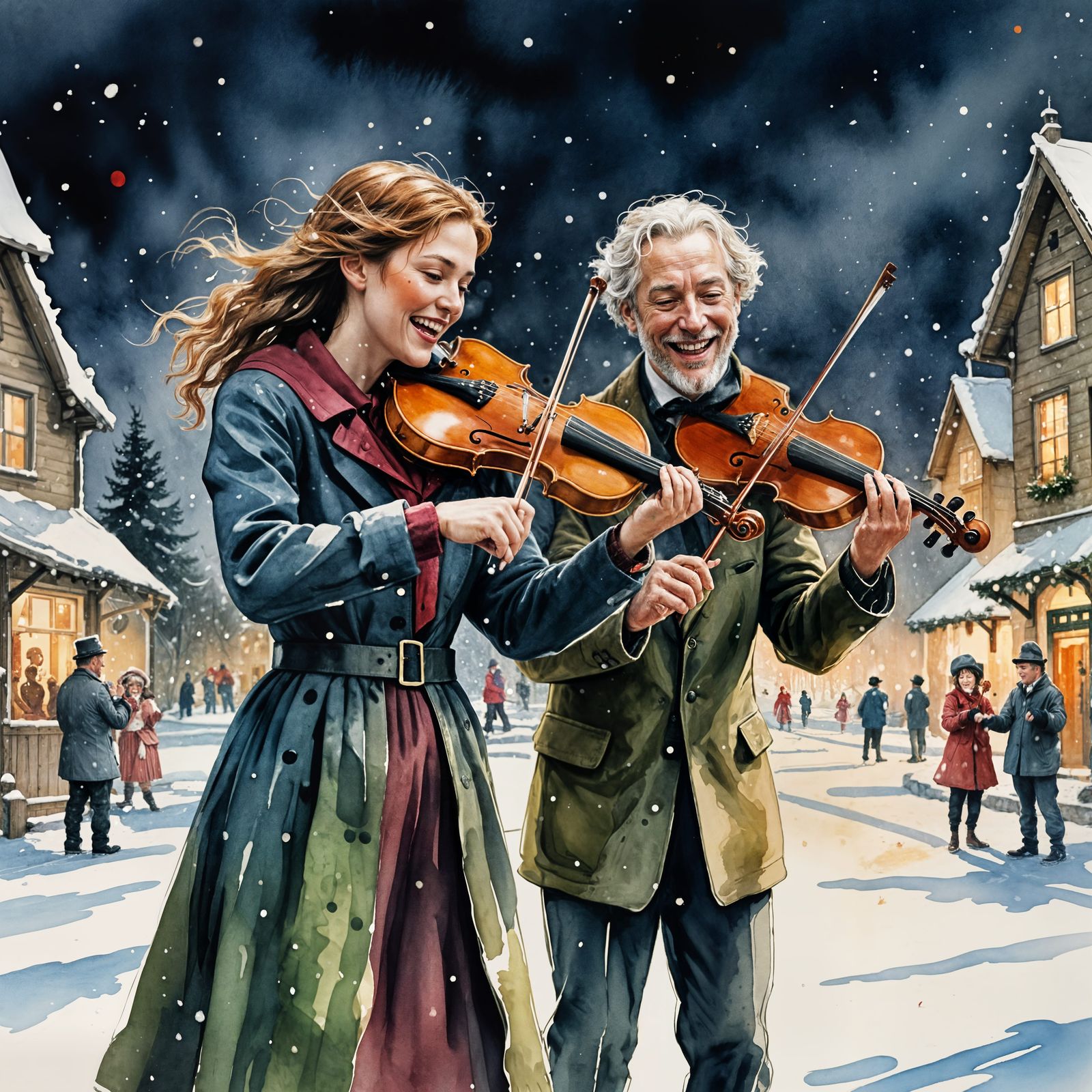 Christmas Musicians Duet Under Snowy Watercolor Skies