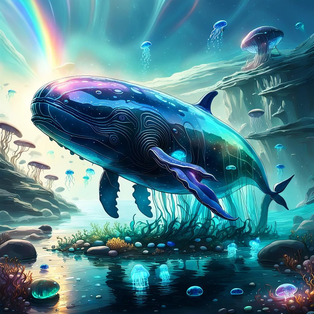 Glowing Glass Whale in Sci-Fi Ocean