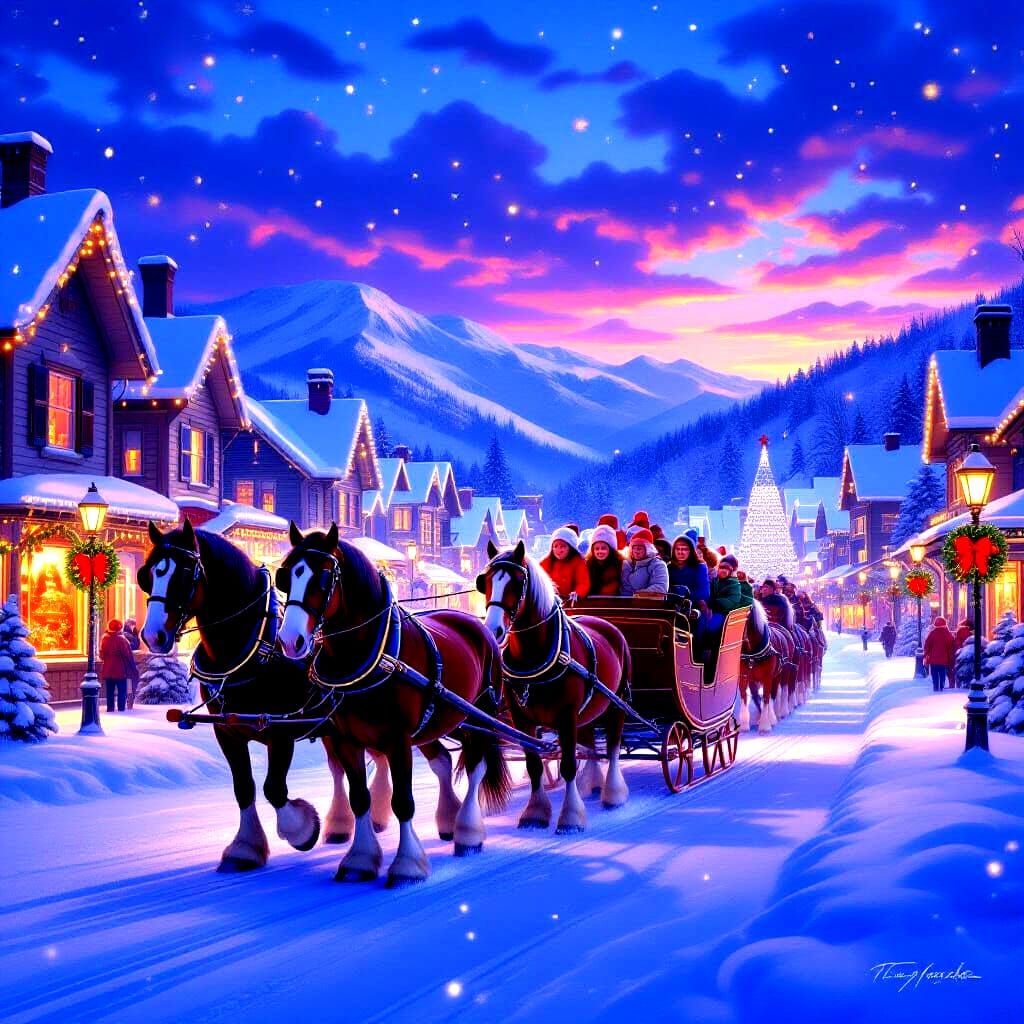 Beautiful Winter Holiday Town with Horse Drawn Sleigh