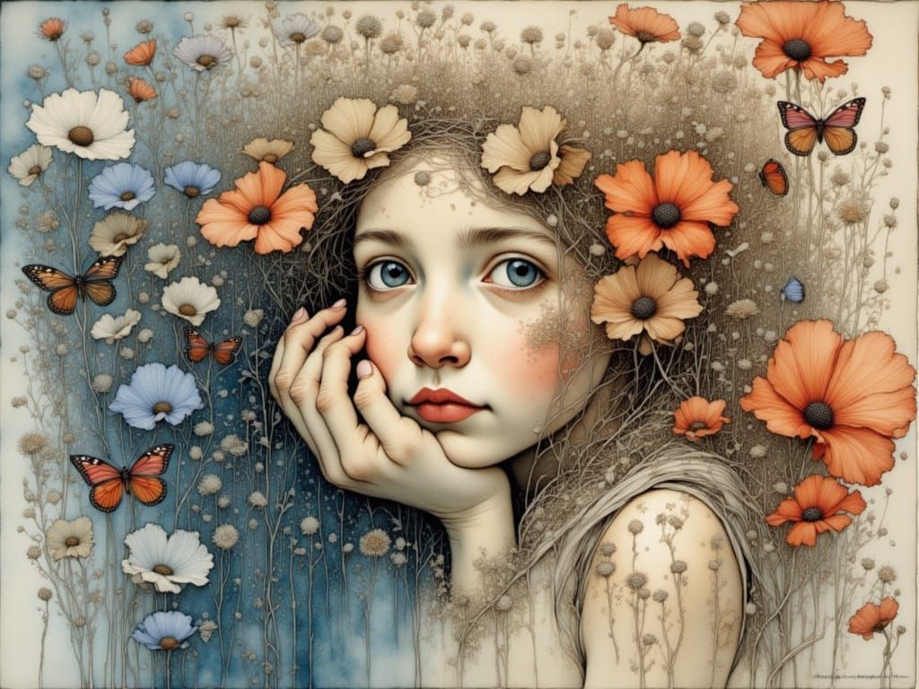 Vibrant, Intricately Detailed Floral Still Life in a Delicat...