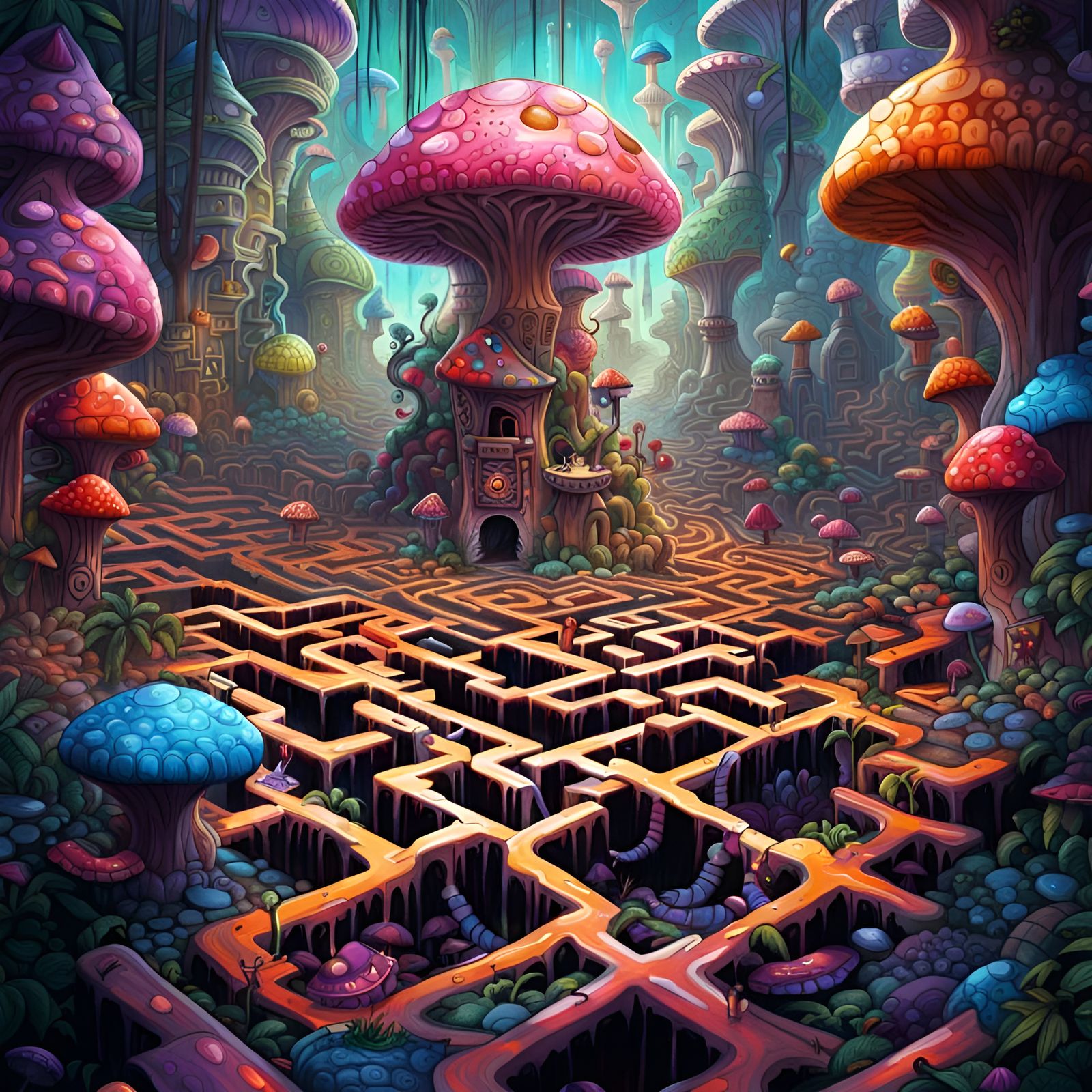 Luminous Mushroom Maze: Fairycore Graffiti Art