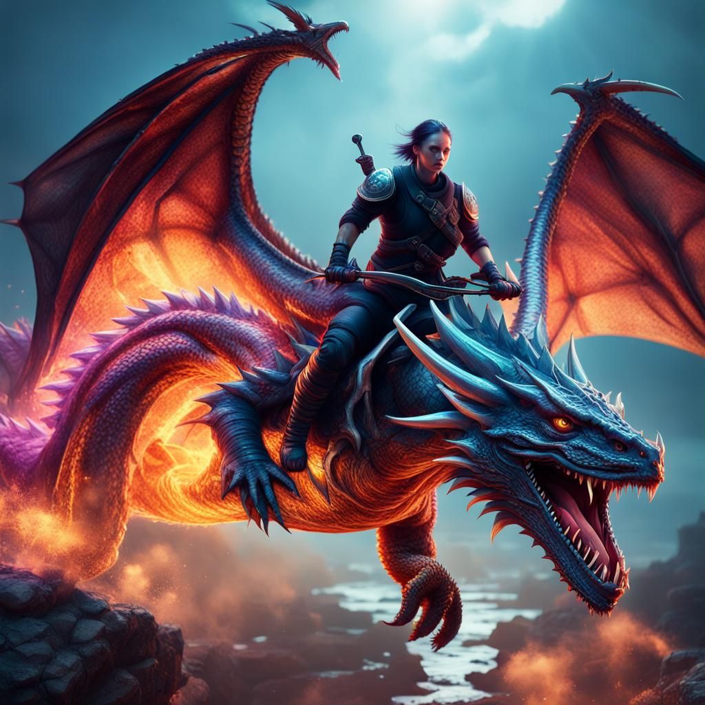 Human Fighter on Dragon in Cyberpunk Style