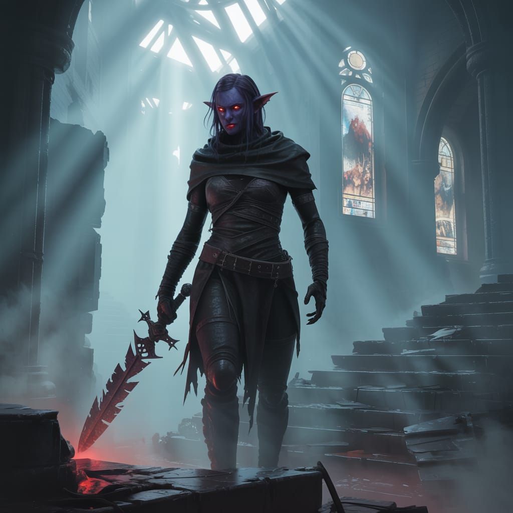 Drow Warrior in Ruined Gothic Cathedral, Dark Fantasy Art